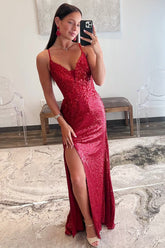 Sequin Plunge V Backless Mermaid Maxi Dress with Slit